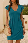 V-Neck Ruffled Cap Sleeve Dress Teal