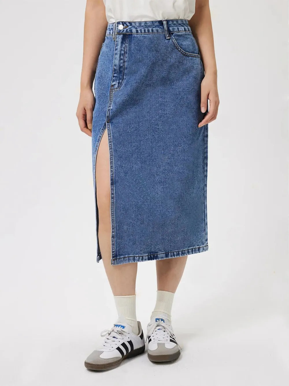 Stylish Slit Midi Denim Skirt with Pockets - Classic Blue, No Stretch, 85% Cotton