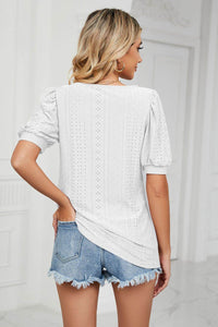 Trendsi Eyelet Puff Sleeve Top - Casual Solid Round Neck Design for Stylish Comfort - Store 42