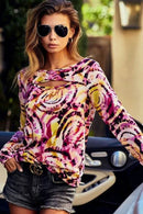 Trendy Tie Dye Print Rib Knit Top with Cut Out Neck for Chic Style - 100% Polyester - Store 42