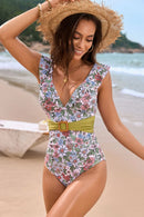 Ruffled Plunge Floral One-Piece Swimwear Pastel Blue
