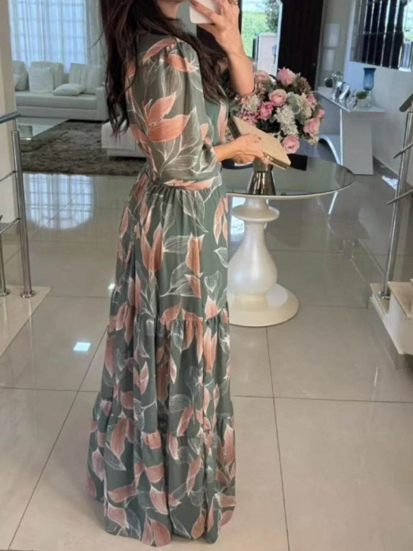 Full Size Printed V-Neck Maxi Dress with Tiered Hemline Plus Size - Store 42