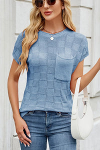 Checkered Round Neck Short Sleeve Knit Top Sky Blue