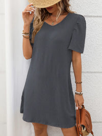 Textured Round Neck Short Sleeve Mini Dress