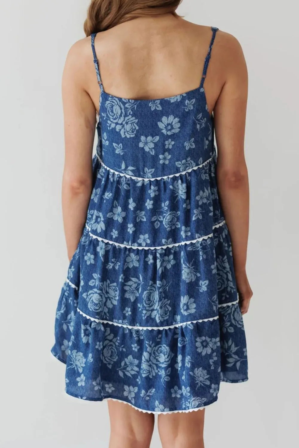 Floral Tiered Denim Dress with Square Neck - 70% Denim, 30% Cotton, Machine Washable
