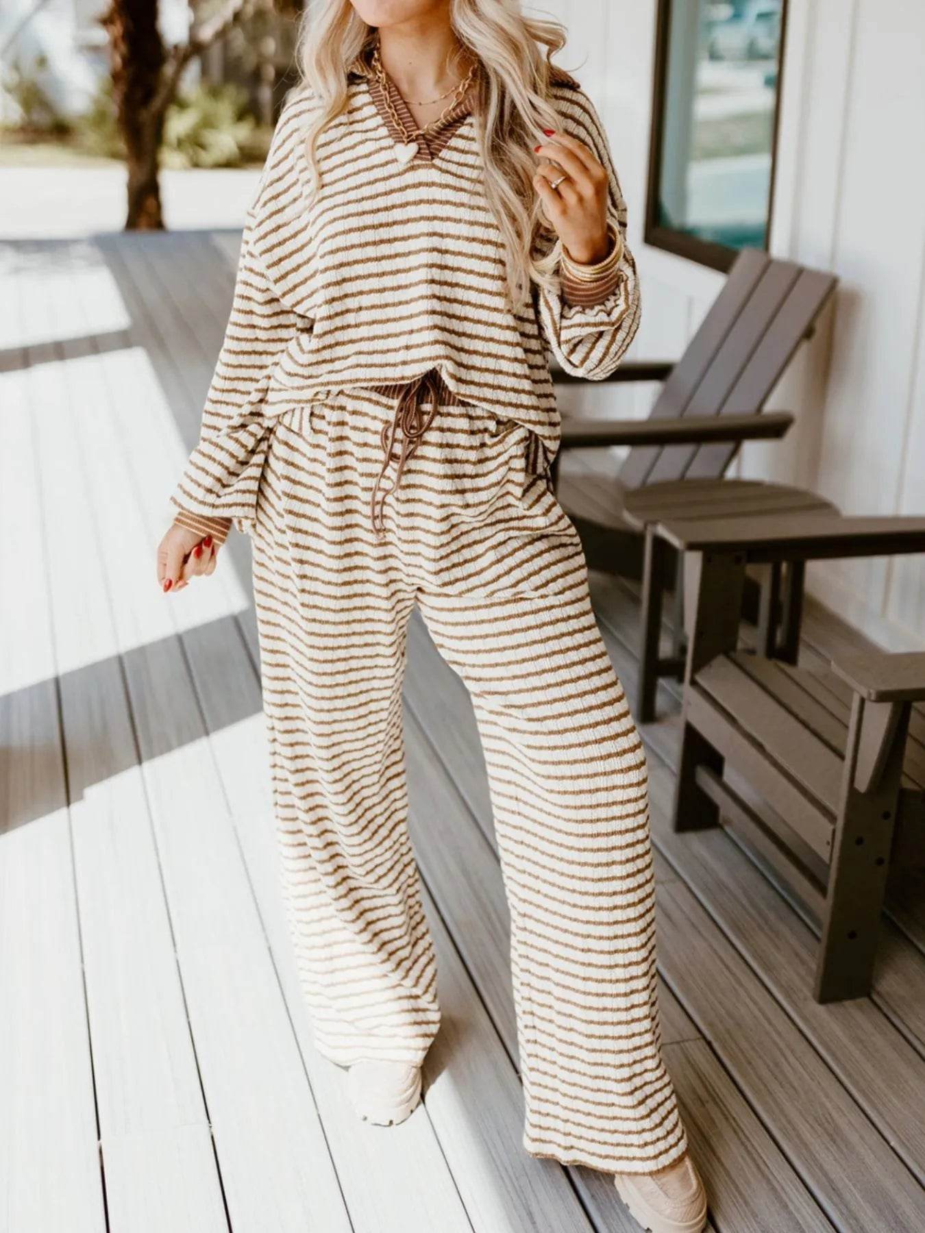 Sleek Stripe Collared Two-Piece Top and Drawstring Pant Set for Effortless Style