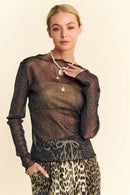 Davi & Dani Glitter Mesh Lettuce Hem Long Sleeve Top Black
