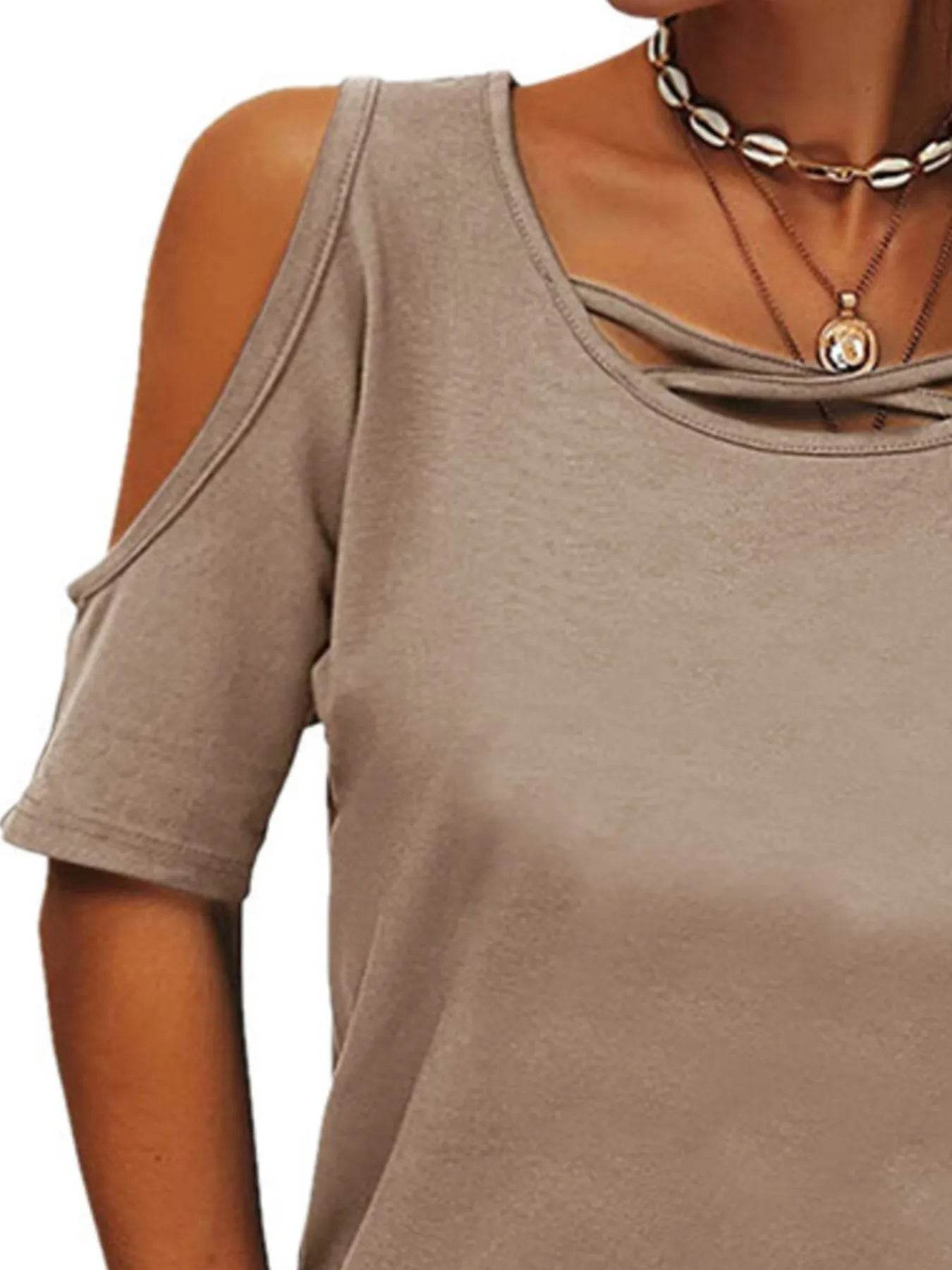 Full Size Crisscross Cold Shoulder Casual T-Shirt Plus Size - Store 42
