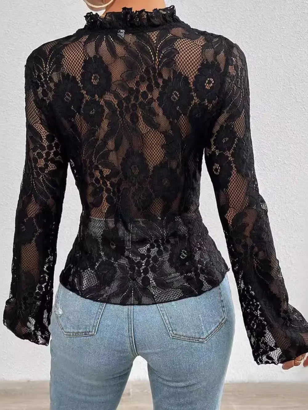 Sheer Tied V-Neck Long Sleeve Lace Top for Women - Elegant & Stylish Polyester Blouse