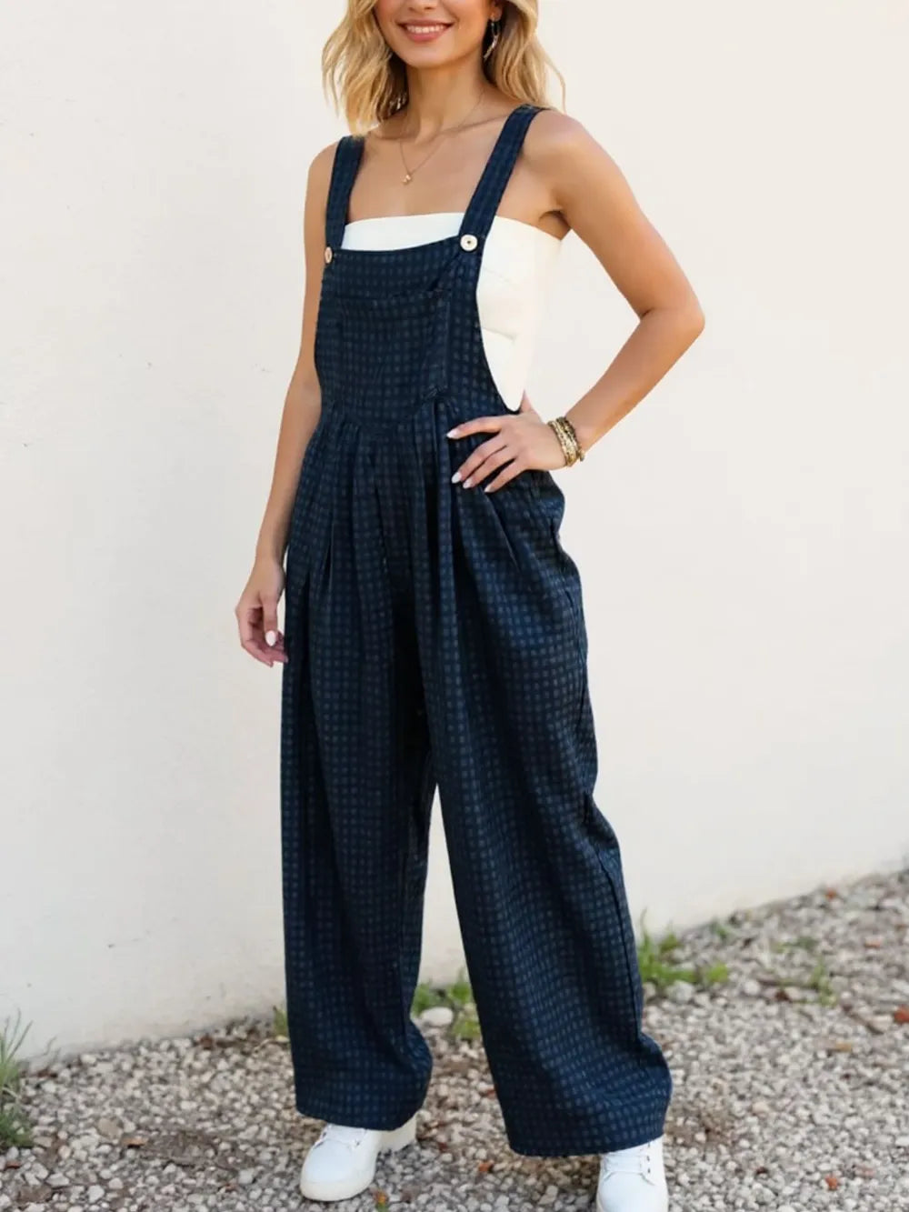 Oh Full Size Plaid Wide Leg Overalls with Pockets