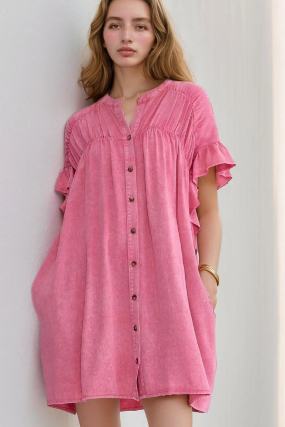 Trendy Ruffled Short Sleeve Button-Up Denim Mini Dress in 100% Lyocell Fabric