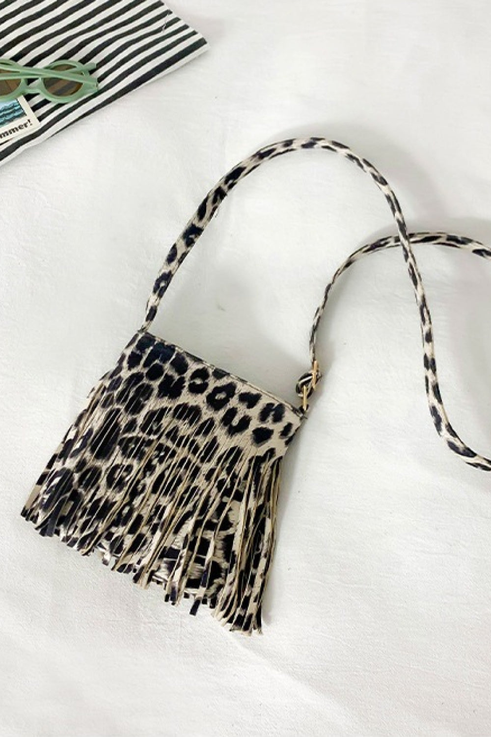 Adored Leopard & Solid Pattern PU Leather Small Crossbody Bag with Fringe - Sling Style