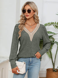 Lace Detail V-Neck Blouse with Ribbed Texture - Opaque, Slightly Stretchy Fabric - Store 42