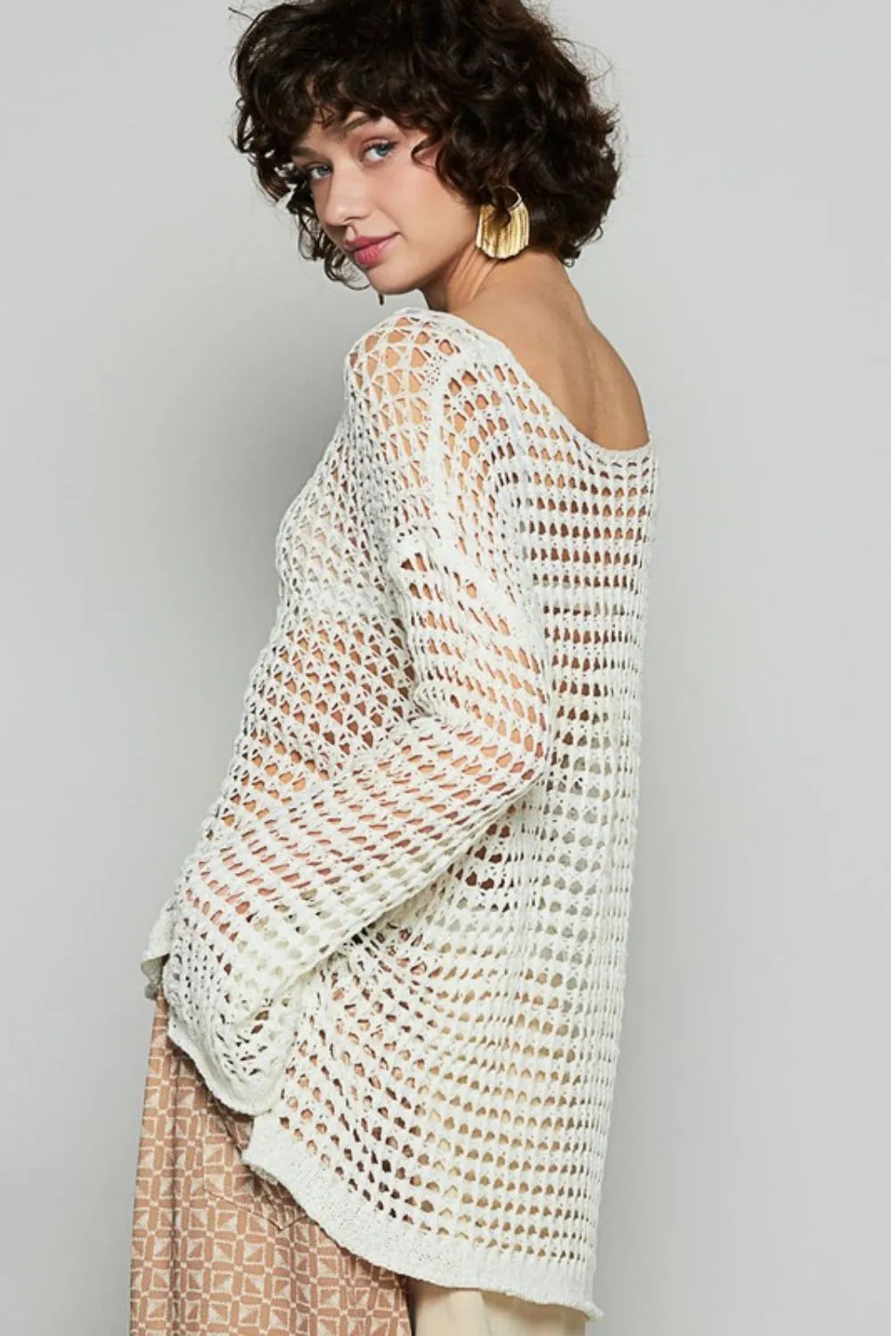 POL Long Sleeve Knit Cover Up with Side Slits and Openwork Design - Versatile Layering Piece