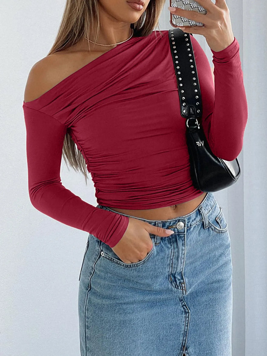 Asymmetrical Ruffled Single Shoulder T-Shirt - Stretchy Viscose Blend for Effortless Style
