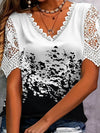 Full Size Printed Lace Sleeve V-Neck T-Shirt Plus Size - Store 42