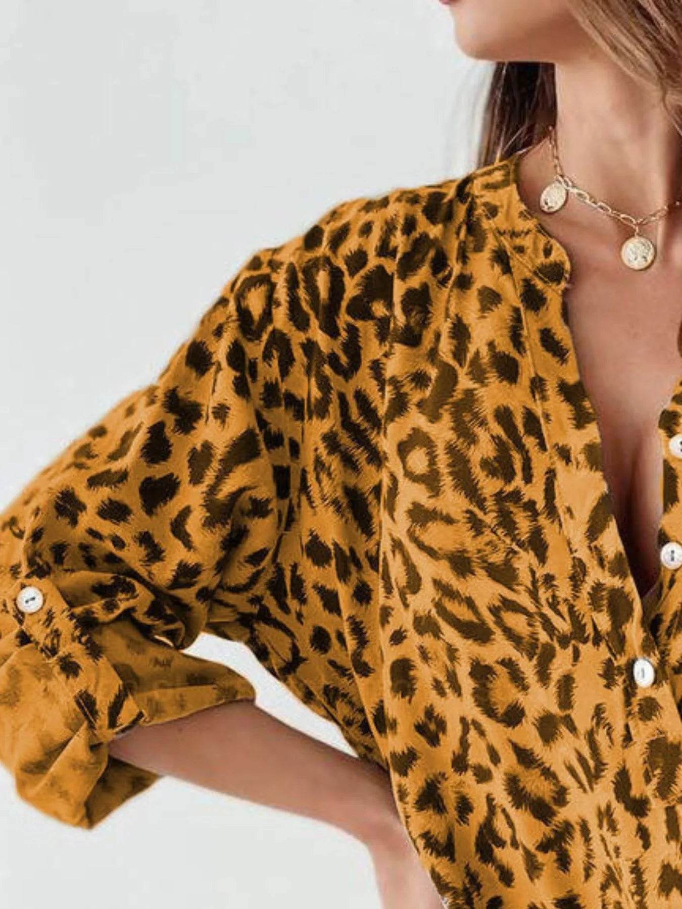 Full Size Leopard Print Roll-Tab Sleeves Blouse Plus Size - Store 42