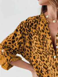 Full Size Leopard Print Roll-Tab Sleeves Blouse Plus Size - Store 42