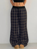 Plaid Wide Leg Pants with Drawstring Waist