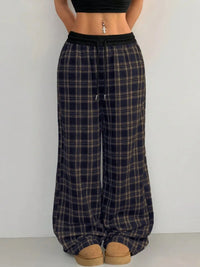 Plaid Wide Leg Pants with Drawstring Waist