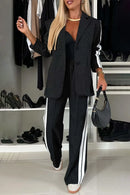 Full Size Contrast Lapel Collar Top and Pants Set Black