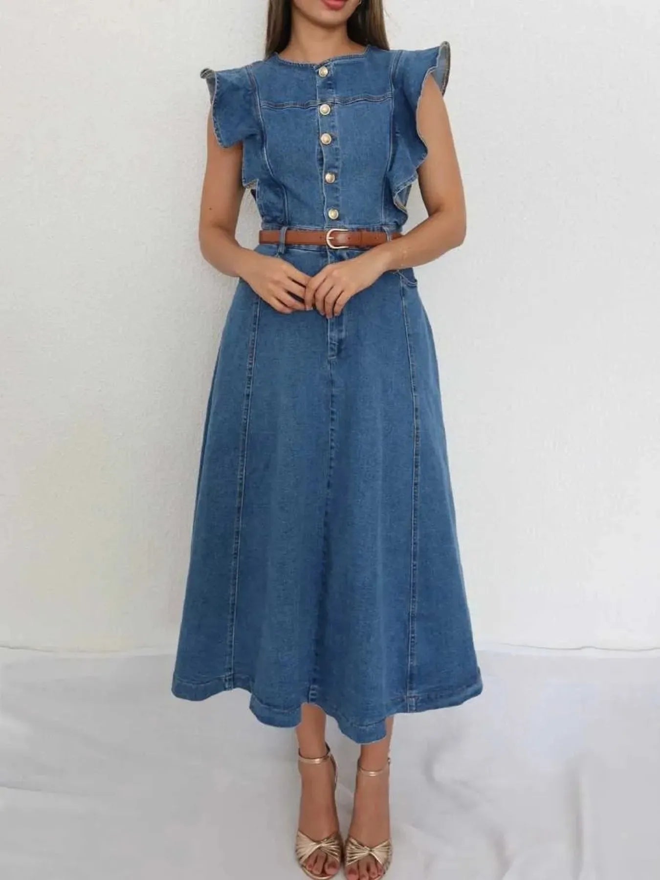 Button-Front Ruffle Sleeve Denim Midi Dress - Classic Cotton Blend, Stylish Belted Design