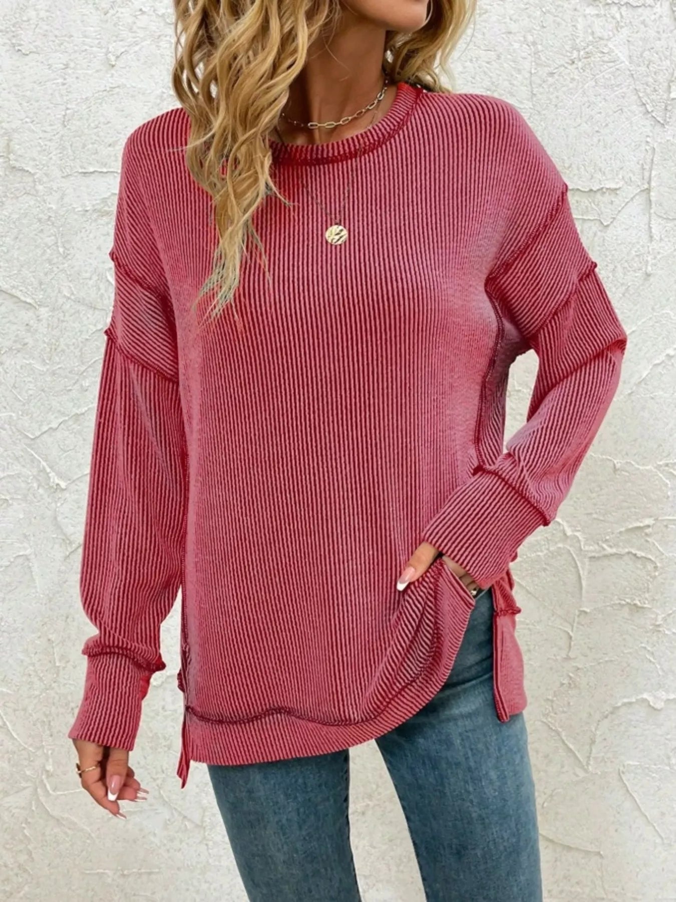 Oversized Side Slit Sweatshirt With Dropped Shoulders, Round Neck, Ribbed Detail
