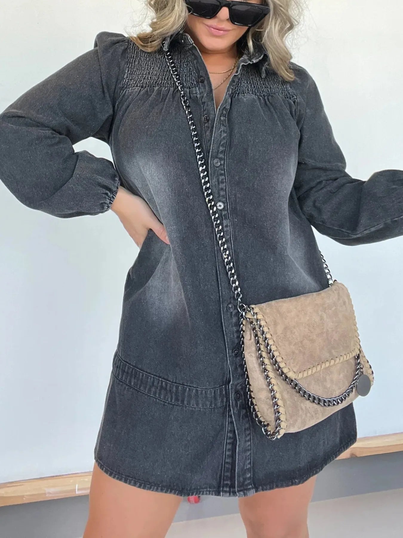 Full Size Button Front Long Sleeve Denim Dress Plus Size