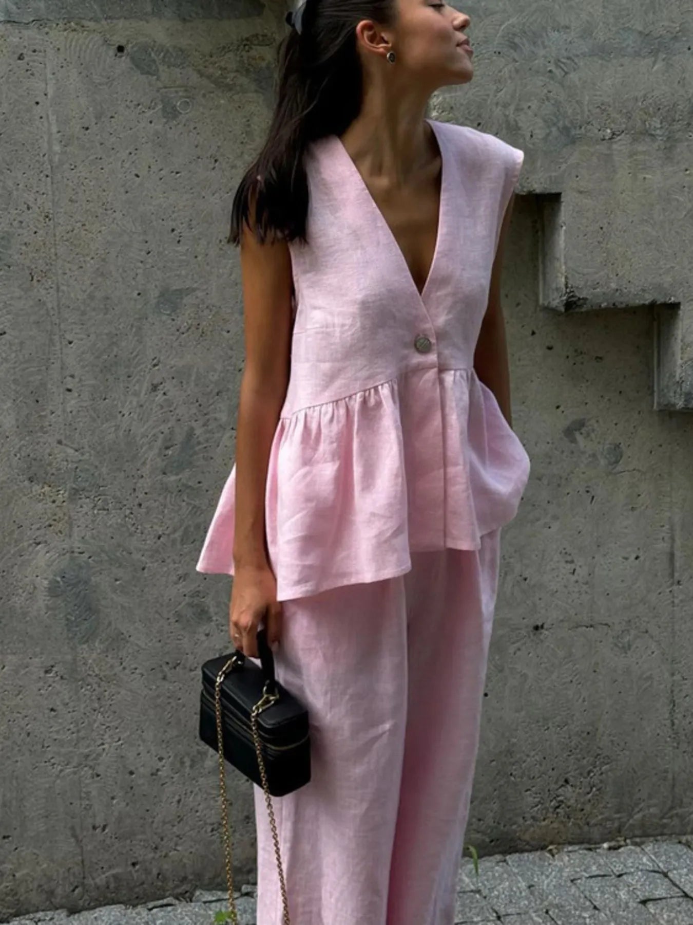 Chic V-Neck Buttoned Vest and Pants Set - 100% Polyester - Classic Two-Piece Outfit