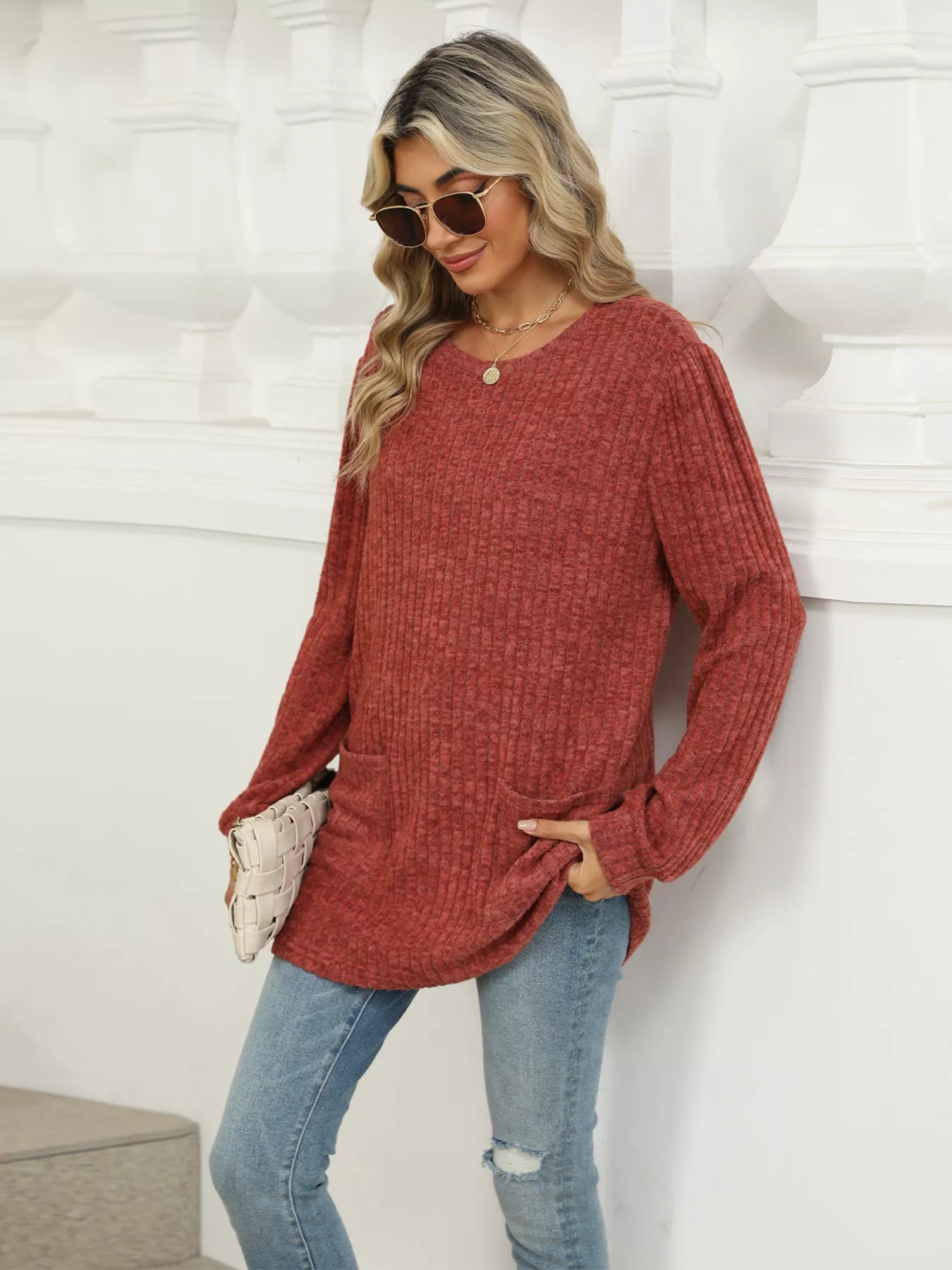 Ribbed Knit Long Sleeve T-Shirt