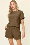 Double Take Full Size Texture Short Sleeve T-Shirt and Drawstring Shorts Set Chestnut