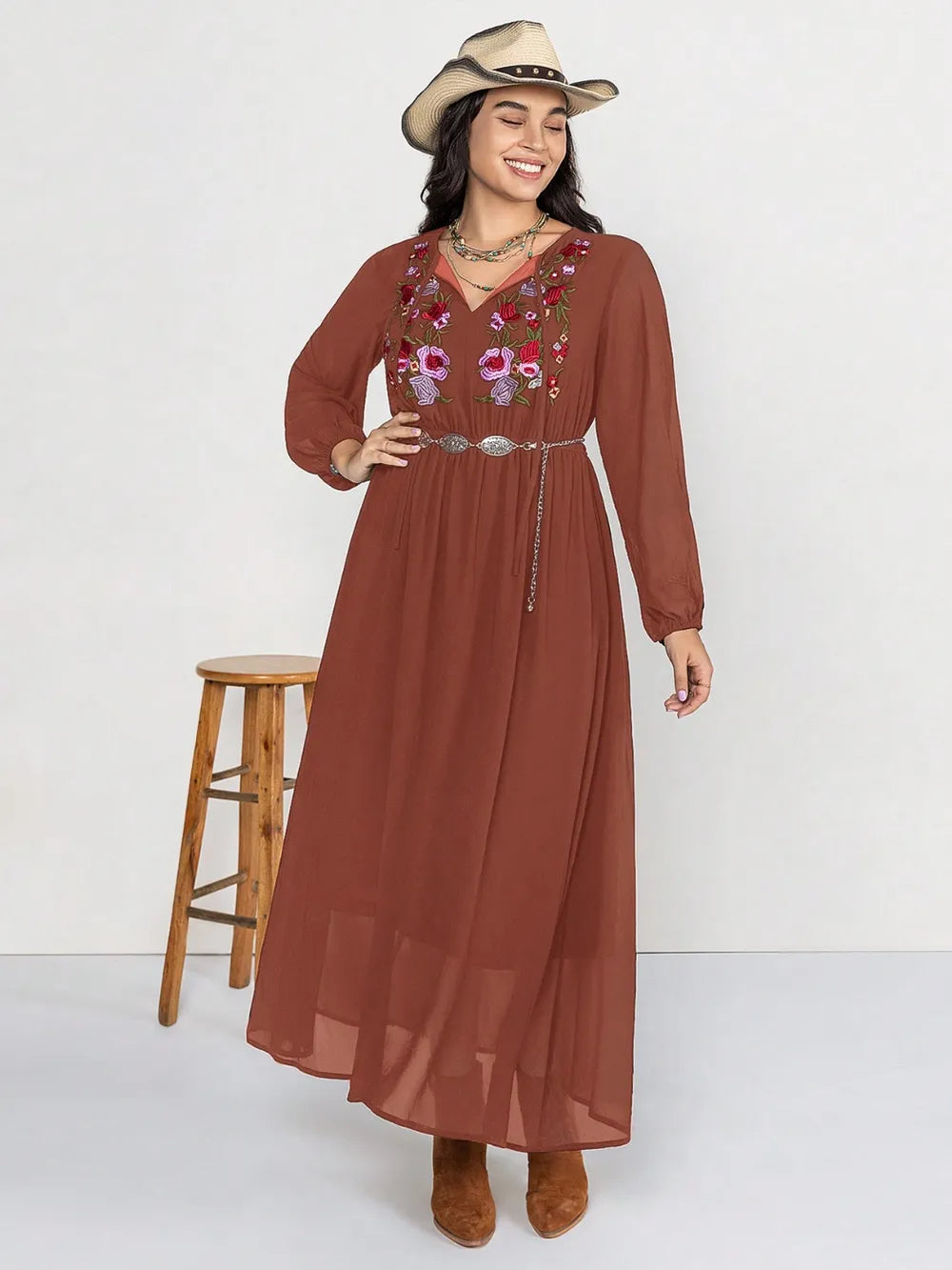 Plus Size Embroidered Long Sleeve Dress with Tie Neck - Opaque, Non-Stretch, Casual Chic