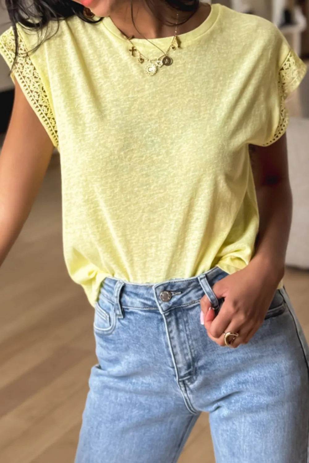 Lace Patchwork Cap Sleeve T-Shirt with Round Neck - Soft Polyester Cotton Blend - Store 42