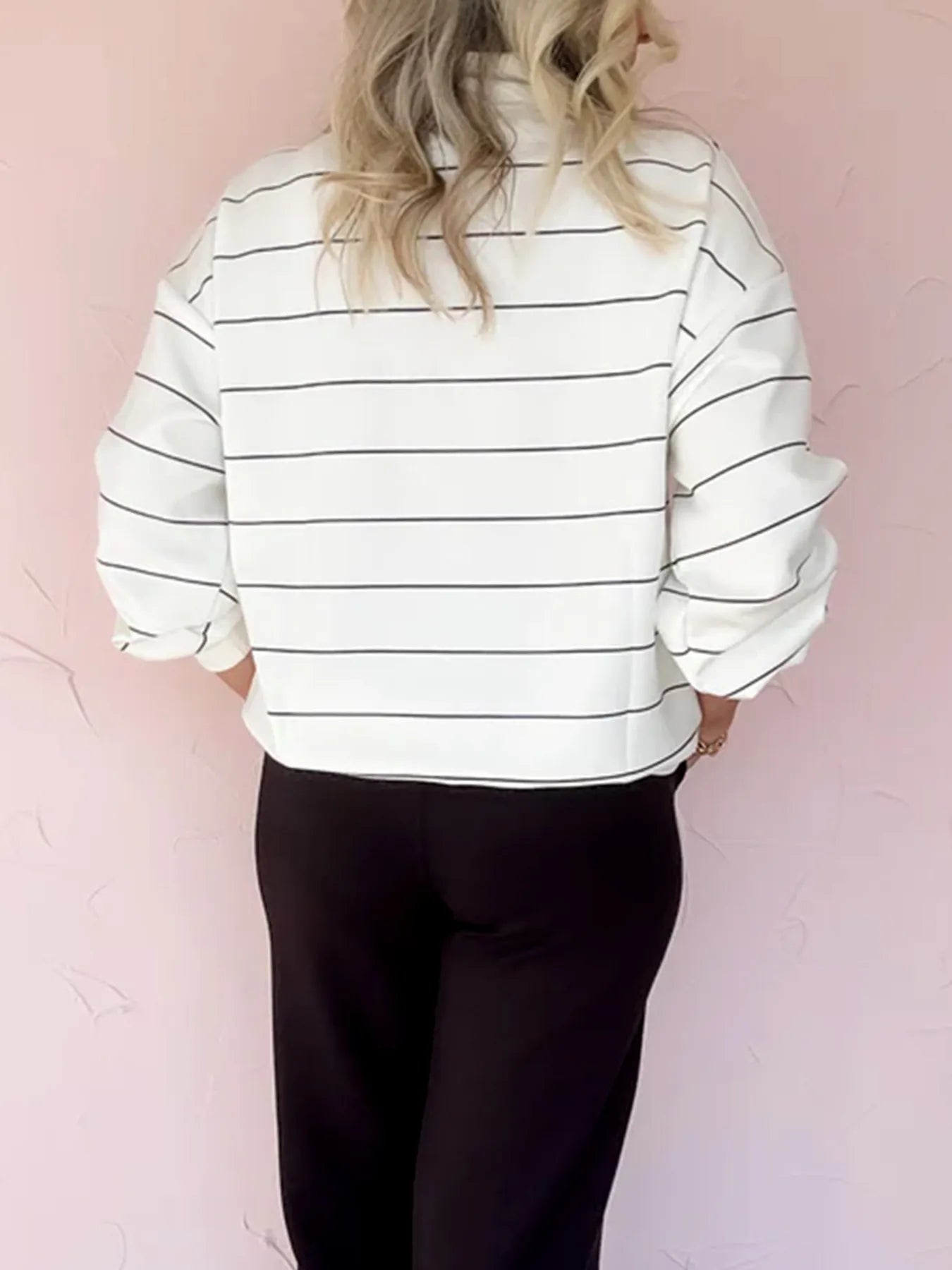 Trendy Striped Quarter Zip Sweatshirt with Relaxed Fit and Slight Stretch for Comfort