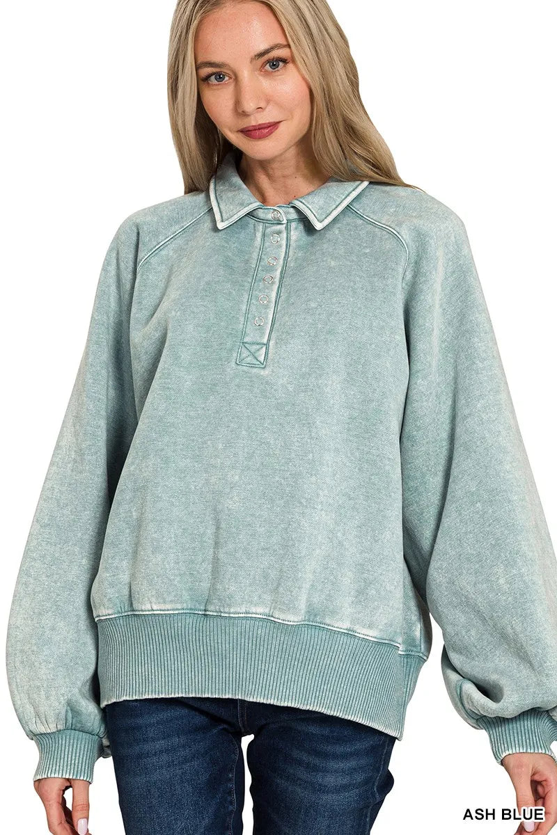 Trendy Zenana Acid Wash Fleece Collared Sweatshirt - Vintage Style & Oversized Comfort