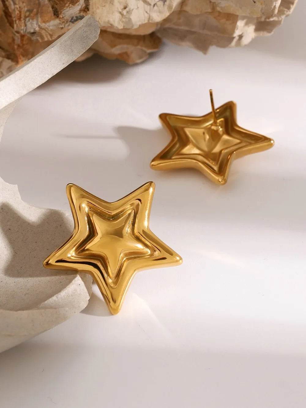 Elegant 18K Gold-Plated Stainless Steel Star Stud Earrings - Lightweight, Durable Design