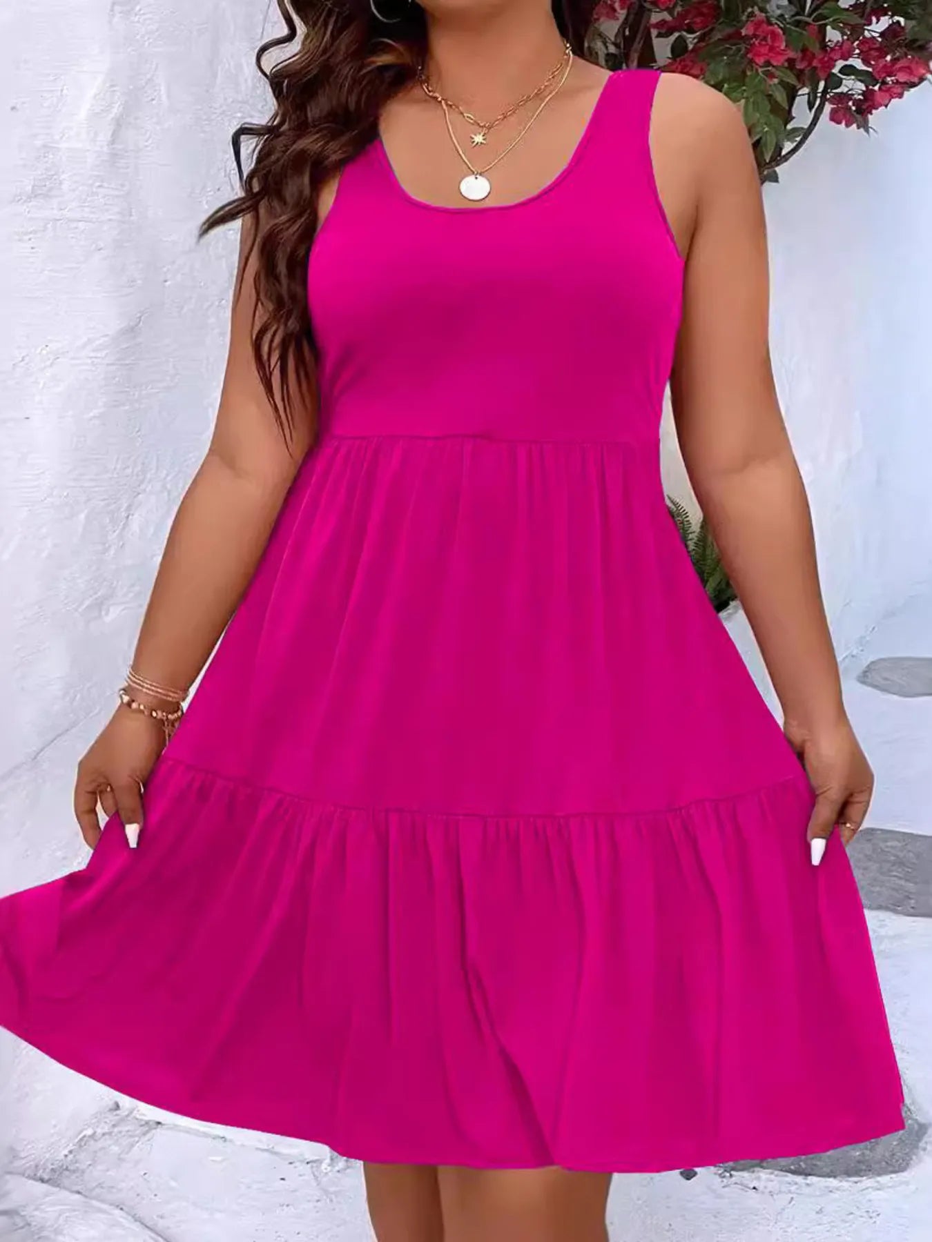 Plus Size Tiered Scoop Neck Tank Dress - Soft Stretchy 100% Polyester, Relaxed Fit