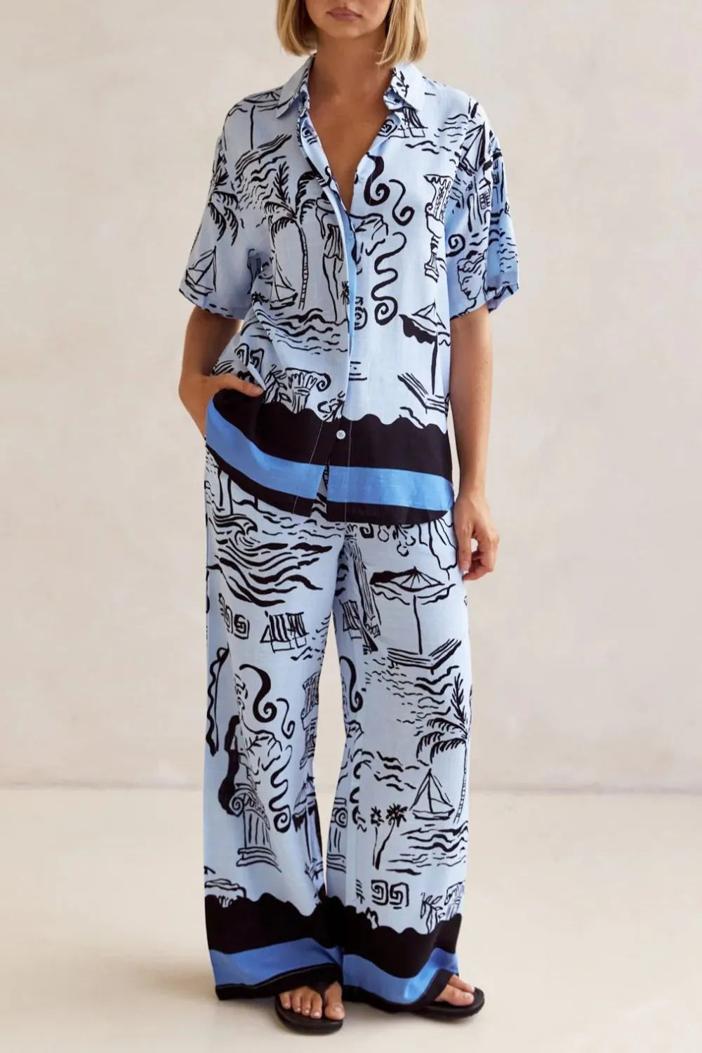 Plus Size Printed Button-Up Shirt and Pants Set with Pocket Detail - Trendy Two-Piece Outfit