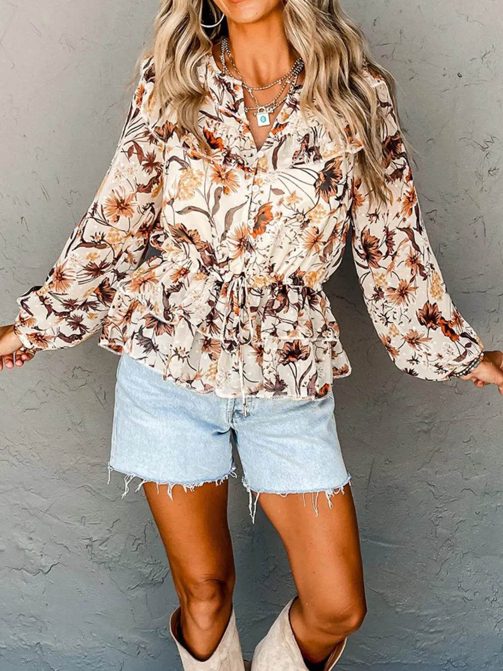 Stylish Drawstring Floral Lantern Sleeve Blouse in 100% Polyester - Opaque & Chic