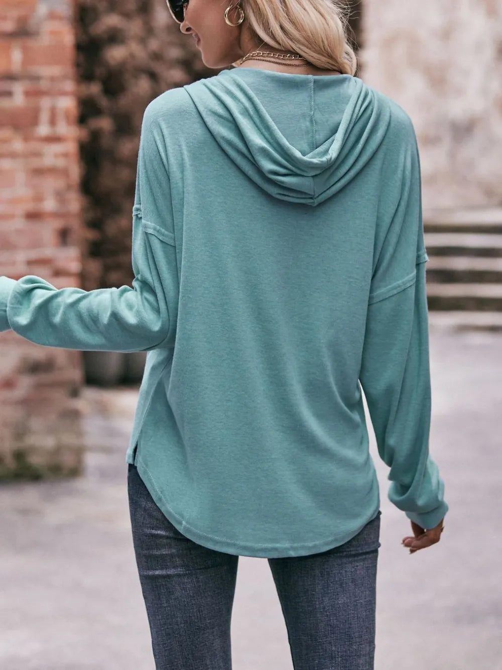 Mandy Long Sleeve Hoodie With Drawstring, Drop Shoulder Design - Stylish Cotton-Polyester Blend