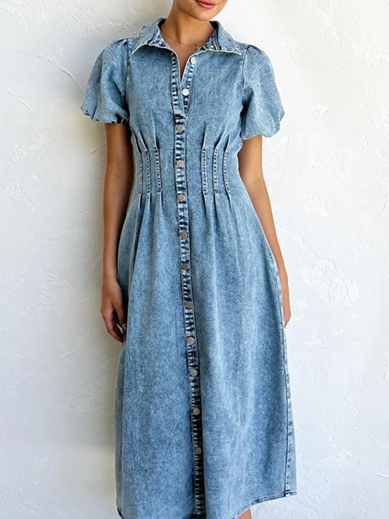 Stylish Puff Sleeve Button Front Denim Midi Dress - 80% Cotton, Washed Finish, No Stretch