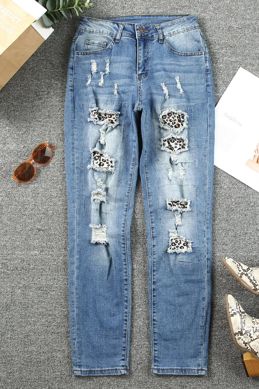Leopard Print Distressed Straight Jeans with Pockets - Slightly Stretchy Cotton Blend