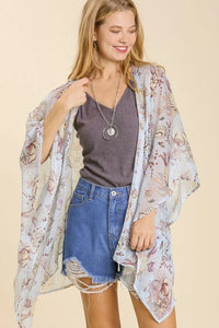 Umgee Full Size Sheer Mixed Print Kimono with Side Slit Plus Size Light Blue