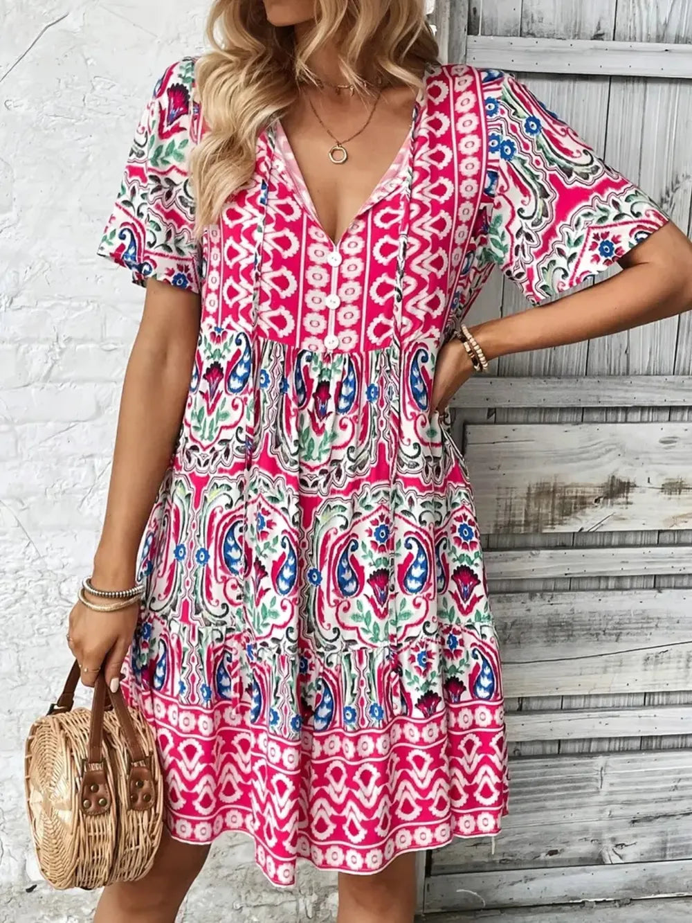 Floral Printed Tie Neck Short Sleeve Dress with Decorative Button - Opaque & Unlined