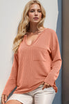 Double Take Striped Notched Long Sleeve T-Shirt Tangerine