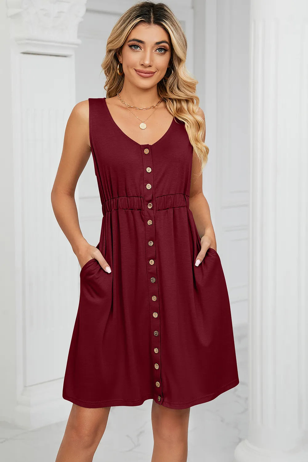 Buttoned Wide Strap Mini Dress with Pockets - Slightly Stretchy Opaque Fabric