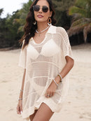 Hollow Out Collared Neck Cover-Up Tan One Size