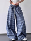 Drawstring Plaid Wide Leg Pants Blue