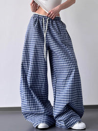 Drawstring Plaid Wide Leg Pants Blue