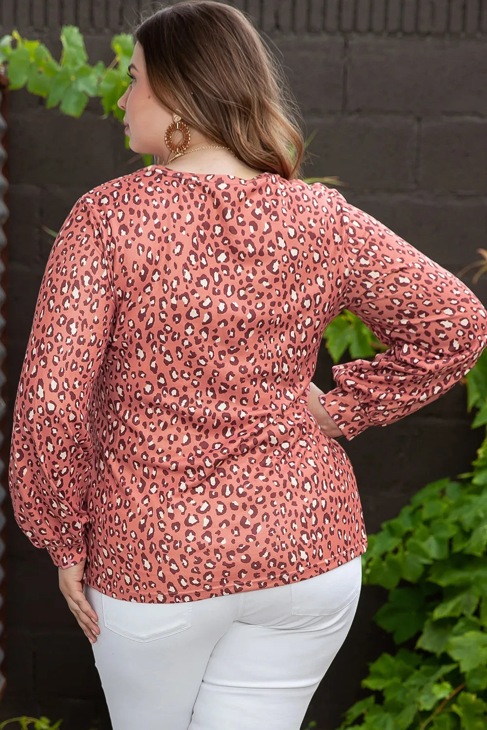 Plus Size Leopard Print Long Sleeve T-Shirt - Opaque, Slightly Stretchy, Comfortable Fit
